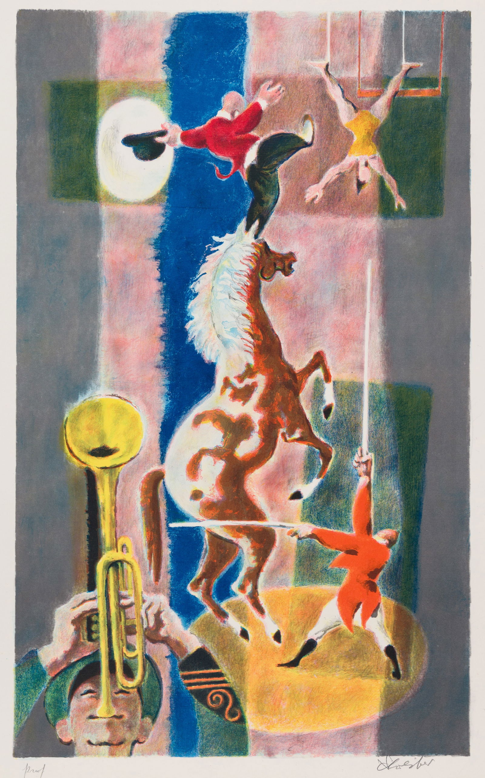 Georges SCHREIBER: "Ringmaster".: Georges SCHREIBER (German American, 1904-1977): "Ringmaster". Color lithograph on laid paper, 1959. Published by American Associated Artists. Inscribed and signed in pencil. Image size: 23 x 14 1/4 in