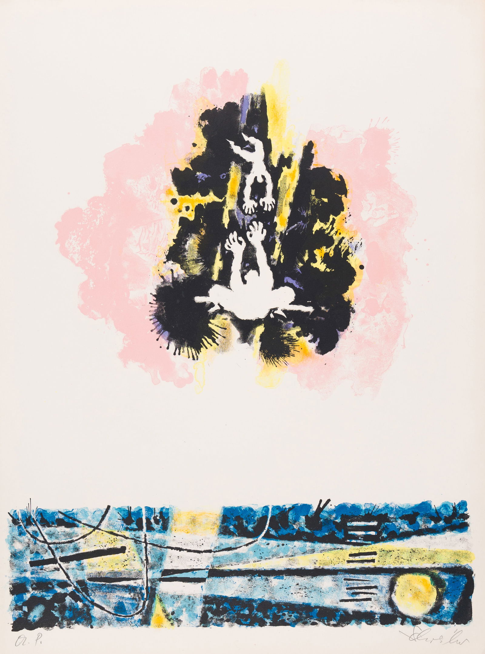 Georges SCHREIBER: "Trapeze".: Georges SCHREIBER (German American, 1904-1977): "Trapeze". Color lithograph on Arches wove paper. Artist's proof, aside from the edition of 100. Signed and annotated in pencil. Image size: 24 5/8 x 20