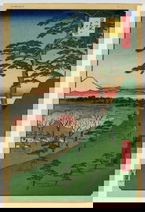 HIROSHIGE Utagawa: "Original Fuji, Meguro ".: HIROSHIGE Utagawa (Japanese, 1797-1858): "Original Fuji, Meguro ". Woodblock print on Japan paper, originally publised in 1855. Plate 25 from the series titled "One Hundred Famous Views of Edo". This