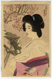 ITO, Shinsui: "Red Plum".: ITO, Shinsui (Japanese, 1898-1972): "Red Plum". Woodblock print on laid Japan paper, 1933. From the "Second Collection of Modern Beauties". Signed in the upper right corner, and also bearing the