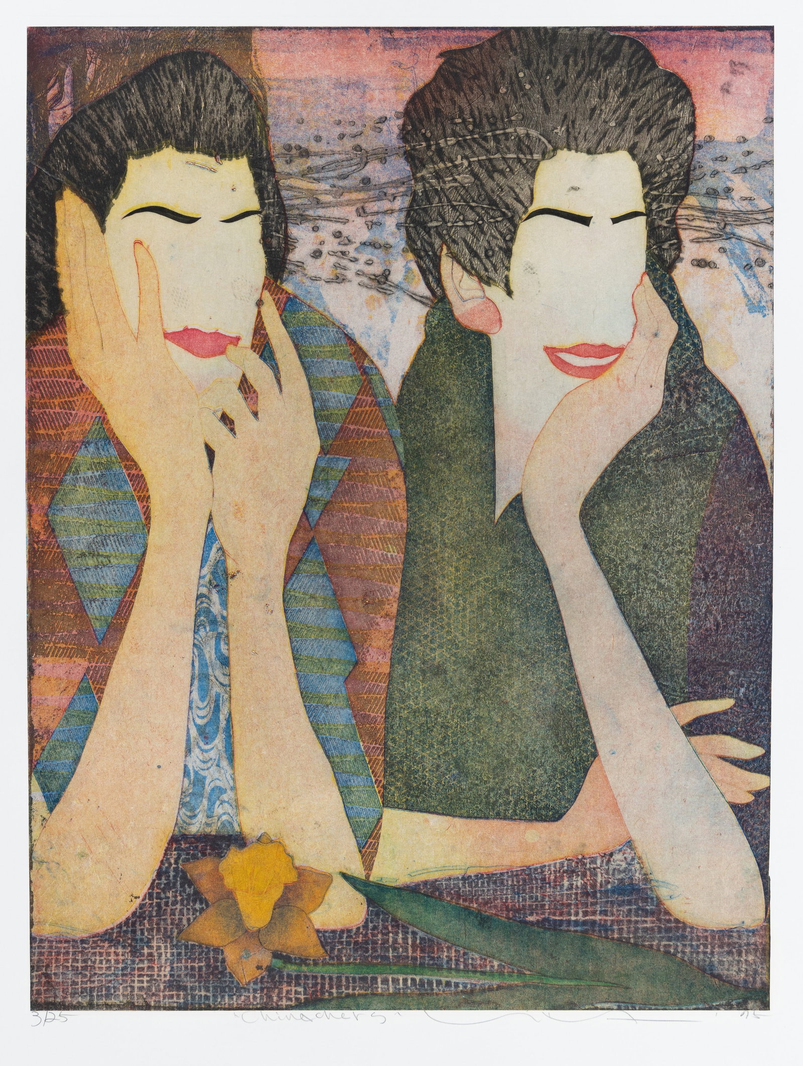 HIRATSUKA, Yuji: "Characters". : HIRATSUKA, Yuji (Japanese, born 1954): "Characters". Color etching on chine-colle on Somerset wove paper, 1995. Edition of 25. Signed, titled, dated, and numbered in pencil. Plate size: 24 x 18 inches