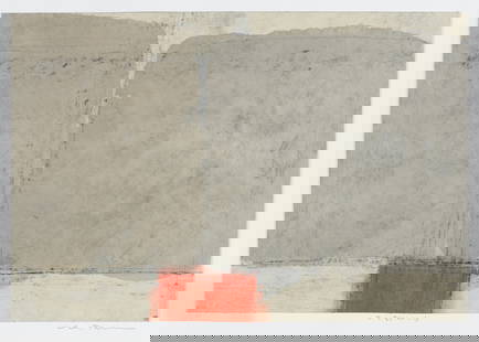 TAGUSARI, Mikio: "Red and Shadow". : TAGUSARI, Mikio (Japanese, born 1955): "Red and Shadow". Encaustic painting (likely beeswax) on dark board, with black chalk, mounted on Arches wove paper, 2013. Unique. Signed, titled in Kanji,