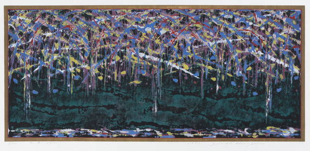 HASEGAWA, Yuichi: "Nightscape no. 2". : HASEGAWA, Yuichi (Japanese, born 1945): "Nightscape no. 2". Woodblock print on Japan wove paper, 1999. Edition of 20. Signed, dated, numbered, and titled in Kanji in pencil. Image size: 11 1/8 x 24