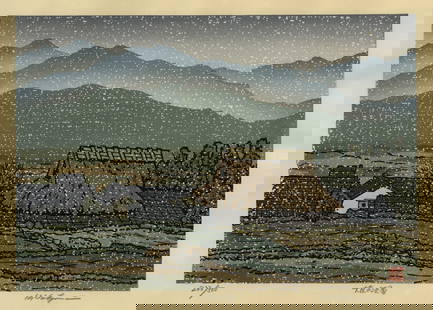 NISHIJIMA, Katsuyuki: "Light Snow over a Country Farm". : NISHIJIMA, Katsuyuki (Japanese, born 1945): "Light Snow over a Country Farm". Woodblock print (color woodcut) on Japan wove paper. Signed, numbered, and titled in Kanji in pencil. Image size: 10 1/4