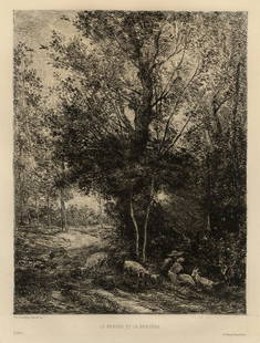 Charles-Francois DAUBIGNY: "Berger et Bergere".: Charles-Francois DAUBIGNY (French, 1817-1878): "Le Berger et la Bergere". Etching on laid paper, 1874. Referece: Delteil. As published by "L'Art", vol. LXIII, with letters. Plate size: 11 3/8 x 8 5/8