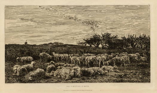 Charles Francois DAUBIGNY: "Parc a Moutons, le Matin".: Charles Francois DAUBIGNY (French, 1817-1878): "Parc a Moutons, le Matin". Etching on "Hudelist" laid paper, 1860. Reference: Melot 95. Printed by Delatre and published for the "Societe des