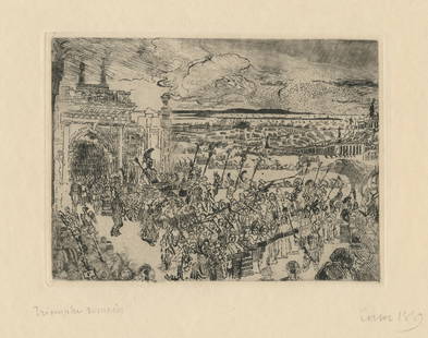 James ENSOR: "Triomphe romain".: James ENSOR (Belgian, 1860-1949) "Triomphe romain". Etching and drypoint on simile japan wove paper, 1889. Reference: Tavernier 78. Signed, dated and ??tled in pencil. Counter-signed on the verso.