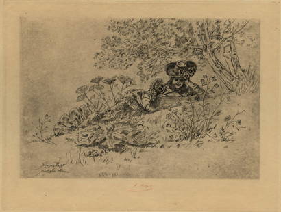 Felicien ROPS: "Printemps (Montlignon, France)".: Felicien ROPS (Belgian, 1833-1898): "Printemps (Montlignon, France)". Etching on simili-Japan printed with subtle plate tone, 1882. References: Exsteens 357, Ramiro 170. Signed in red pencil. Plate