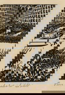 Frans MASEREEL: "La Parade".: Frans MASEREEL (Belgian, 1889-1972): "La Parade". Woodcut on wove paper, 1925. Plate from La Ville, A Wordless Novel. Monogrammed in the block, and annotated in purple pencil below the image. Image