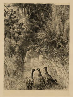 Felix BRACQUEMOND: "Canards Surpris".: Felix BRACQUEMOND (French, 1833-1914): "Canards Surpris". Etching on MBM laid paper, 1882. Reference: Beraldi 778. Signed impressions exist. This one unsigned. Plate size: 15 x 10 5/8 inches.