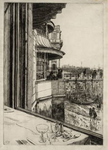 James TISSOT: "Trafalgar Tavern, Greenwich".: James TISSOT (French, 1836-1902): "Trafalgar Tavern, Greenwich". Etching and drypoint on white laid paper, 1878. Reference: Wentworth 36. First state of two, before the storm clouds were added.