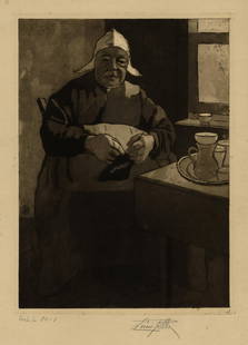 Louis McCellan POTTER: "Mother Knitting".: Louis McCellan POTTER (American, 1873-1912): "Mother Knitting". Etching and aquatint on laid Arches paper. Edition of 30, unlikely to have been printed in full. Signed and numbered in pencil. Titled