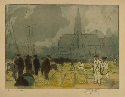 Louis McCellan POTTER: "Cheese Market in Alkmaar".: Louis McCellan POTTER (American, 1873-1912): "Cheese Market in Alkmaar". Color etching and aquatint on laid Arches paper. Edition of 50. Signed and numbered in pencil. Plate size: 12 x 16 inches.