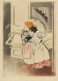 Louis LEGRAND: "Le Blanchisseuses".: Louis LEGRAND (French, 1863-1951): "Le Blanchisseuses". Color aquatint and etching on simili-Japan wove paper, 1901. Reference: Arwas 186. From the album titled "Faune Parisienne", published by