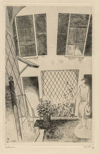 Jean-Emile LABOUREUR: "La Maison de Marie".: Jean-Emile LABOUREUR (French, 1877-1943): "La Maison de Marie (Laurencin)". Etching on wove paper, 1925. Reference: Sylvain Laboureur 305. Edition of 45. This etching depicts Marie Laurencin, who was