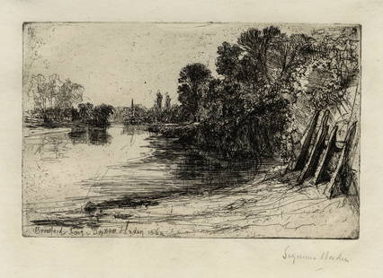 Francis Seymour HADEN: "Brentford Ferry".: Francis Seymour HADEN (English, 1818-1910): "Brentford Ferry". Etching and drypoint on thin laid paper, 1864.Reference: Schneiderman 70. Probably as published in "Etudes a l?eau-forte". Signed,