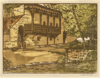 Alison Bliss SMITH: "The Old Mill, Guy's Cliff, Warwick".: Alison Bliss SMITH (British, 20th century): "The Old Mill, Guy's Cliff, Warwick". Color woodcut on laid Japan paper, 1927. Signed in pencil. Image size: 6 x 8 inches. Provenance: Danish critic and