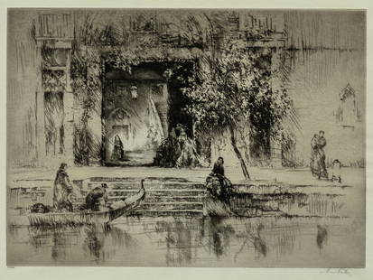 Sidney LITTEN: "Venetian Steps".: Sidney LITTEN (British, 1887-1934): "Venetian Seps". Etching and drypoint on greenish-blue wove paper, 1928. Edition of 80. Signed and numbered in pencil. Plate size: 10 3/4 x 15 inches.