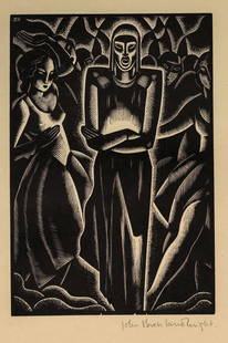 John BUCKLAND-WRIGHT: "Masque of the Red Death".: John BUCKLAND-WRIGHT (British, 1897-1954): "Title Page - Masque of the Red Death". Wood engraving on smooth wove paper, 1932. Reference: Buckland Wright A-9. From a suite of 13 wood engravings in