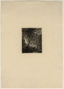 Samuel PALMER: "The Herdsman's Cottage" or "Sunset".: Samuel PALMER (British, 1805-118): "The Herdsman's Cottage" or "Sunset". Steel plate etching on laid paper, 1850. Reference: Lister 2. Initialed in the plate, lower left. Plate size: 4 7/8 x 4 5/8