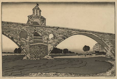 Philip G. NEEDELL: "Le Pont d'Avignon".: Philip G. NEEDELL (British, 1886-1974): "Le Pont d'Avignon". Woodcut printed in three tones of gray on laid Japan paper, 1925. State edition of 60. It is unclear that the whole edition was printed,