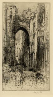 Two etchings by Hedley FITTON.: Two etchings by Hedley FITTON (British, 1857-1929): "La Porte de la Cadene, St. Emilion" and "The Porch of St. Magnus Martyr, London Bridge". Etchings on wove paper, 1924 and 1926. Reference: Fuller,