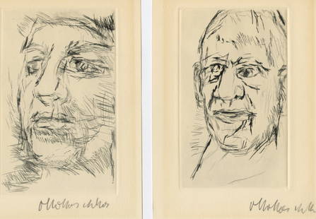 Oskar KOKOSCHKA: "Two Self Portraits".: Oskar KOKOSCHKA (Austrian, 1886-1980): "Two Self Portraits". Two etchings, printed on two individual sheets of wove paper, circa 1970. Each of these is seemingly quite scarce. Each signed in pencil.