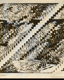 Lyonel FEININGER: "Spazierganger".: Lyonel FEININGER (German American, 1871-1956): "Spazierganger". Woodcut on tissue-thin Japan wove paper, 1918. Reference: Prasse W113. Signed in pencil. Image size: 14 5/8 x 11 5/8 inches.