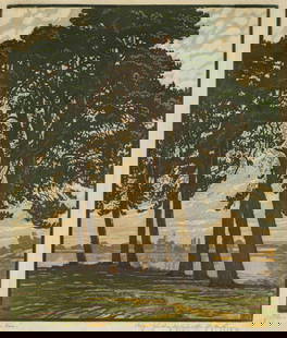 Karl JOHNE: "Fohren am See".: Karl JOHNE (Bohemian, 1887-1959): "Fohren am See". Color woodcut on thick wove paper. Signed and titled in pencil. Image size: 14 x 11 3/4 inches.