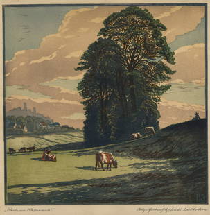 Karl JOHNE: "Weide im Westerwald".: Karl JOHNE (Bohemian, 1887-1959): "Weide im Westerwald". Color woodcut on thick wove paper. Signed and titled in pencil. Image size: 12 3/8 x 12 3/8 inches.