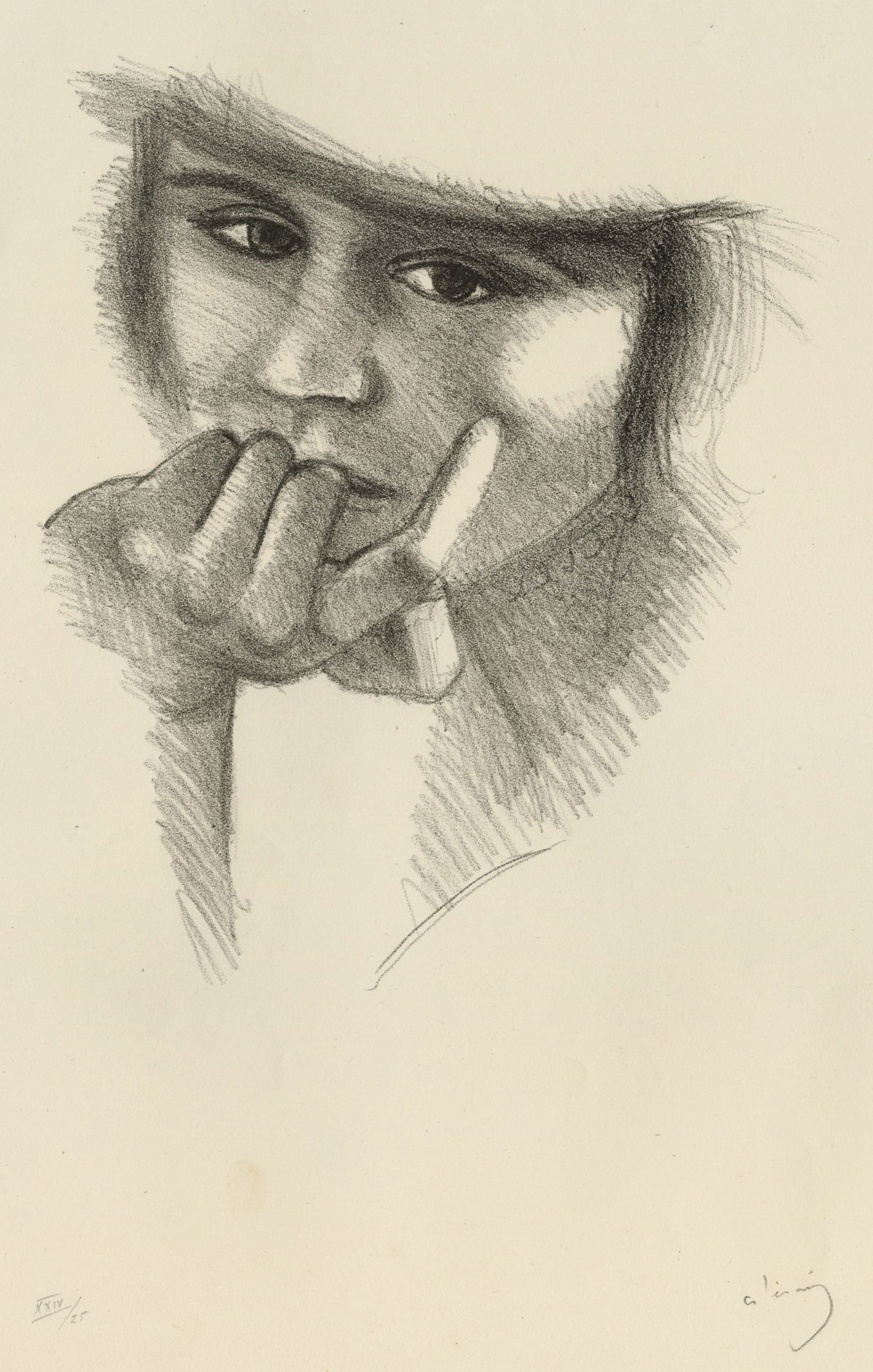 Andre DERAIN: "Visage de femme appuyee sur sa main".: Andre DERAIN (French, 1880-1954): "Visage de femme appuyee sur sa main". Lithograph on Arches wove paper, 1927. References: Adhemar 71; BN-IFF 17. Edition of 100, plus 25 numbered in roman numerals (l