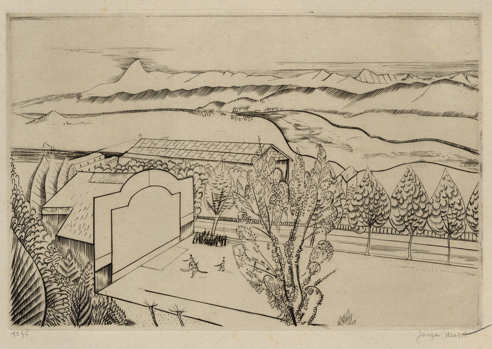 Joseph HECHT: "Pelote Basque".: Joseph HECHT (Polish French, 1891-1951): "Pelote Basque". Pure line engraving on laid Monval paper, circa 1923-1925. Reference: Tonneau-Ryckelynck & Plumart 92. Edition of 35. Numbered and signed in p