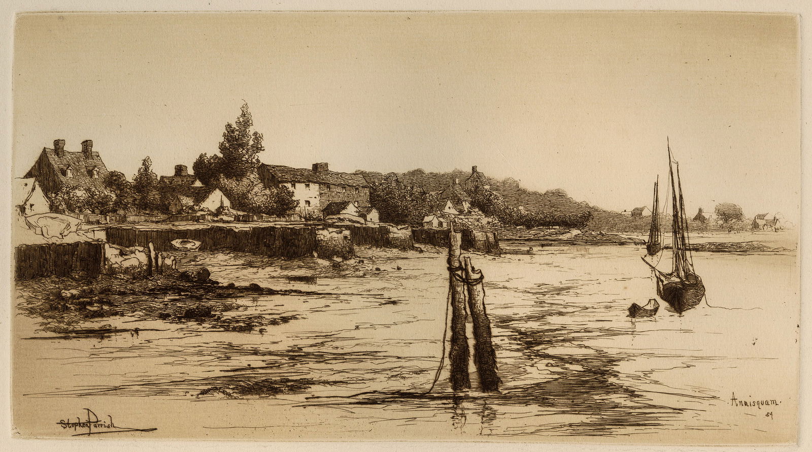 Stephen PARRISH: "Annisquam".: Stephen PARRISH (American, 1846-1938): "Annisquam". Etching printed in brown ink on thick laid paper, 1884. Reference: Schneider 54. Signed and dated in the plate. Plate size: 6 1/2 x 11 5/8 inches.