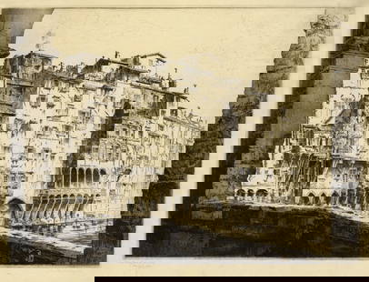 John Taylor ARMS: "From the Ponte Vecchio, Florence".: John Taylor ARMS (American, 1887-1953): "From the Ponte Vecchio, Florence". Etching and aquatint on laid "Handmade JG Head & Co" watermarked paper, 1925. Reference: Fletcher 159. Edition of 150.