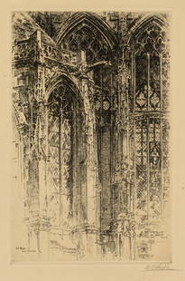 Alonzo C. WEBB: "Gothic Lace".: Alonzo C. WEBB (American, 1888-1975): "Gothic Lace". Etching on wove paper with "A.M.V. watermark, 1929. Twentieth presentation print of the "Chicago Society of Etchers", with their blindstamp in the