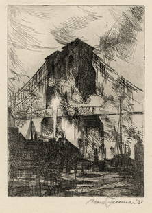 Mark FREEMAN: "Brooklyn Bridge".: Mark FREEMAN (Austrian American, 1908-2003): "Brooklyn Bridge". Etching on wove paper, 1931. No known edition and seemingly scarce. Signed and dated in pencil. Plate size: 7 x 5 inches.