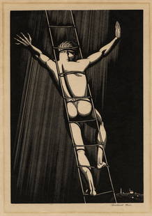 Rockwell KENT: "Hail and Farewell".: Rockwell KENT (American, 1882-1971): "Hail and Farewell". Wood engraving on thin wove paper, 1930. Reference: Burne Jones 55. Edition of 120. This is one of Kent's scarcer wood engravings. Signed in