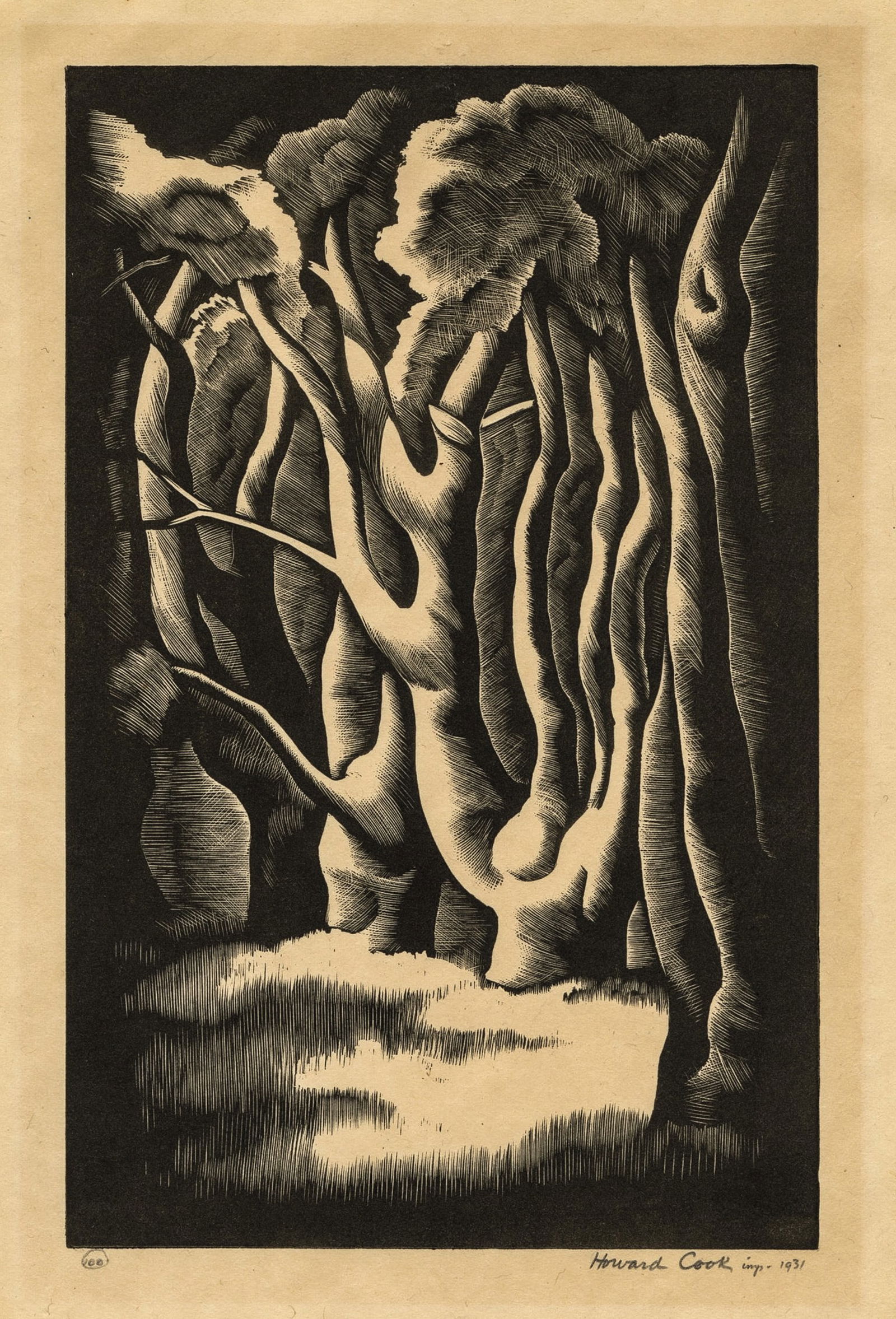 Howard COOK: "Wood Interior".: Howard COOK (American, 1901-1980): "Wood Interior". Wood engraving on tissue-thin laid wove paper, 1931. Reference: Duffy 171. From a deluxe edition of 100 for "The Checkerboard", published by Weyhe G