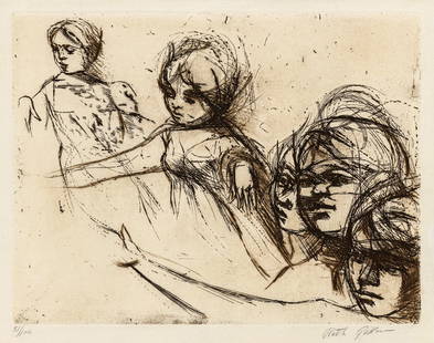 Ruth GIKOW: "Young Dancers".: Ruth GIKOW (Ukrainian American, 1915-1982): "Young Dancers". Etching and drypoint printed in brown ink on wove paper. From the edition of 100. Signed and numbered in pencil. Plate size: 8 3/4 x 11