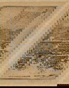 Rudolph SCHWARTZ: "Back Alley in Winter".: Rudolph SCHWARTZ (Austrian American, 1866-1912): "Back Alley in Winter". Etching on simile japan paper, 1922. Signed and dated in pencil. Plate size: 6 x 4 3/8 inches.