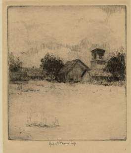 Herbert THOMAS: "A Farm in Connecticut".: Herbert THOMAS (American, 19th to 20th century): "A Farm in Connecticut". Etching on wove paper with partial watermark (XFT). Signed in pencil. Plate size: 4 1/4 x 3 3/4 inches.