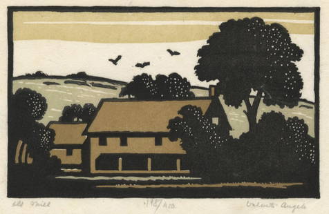 Angelo VALENTI: "Old Mill".: Angelo VALENTI (Italian American, 1897-1982): "Old Mill". Color linocut on Japan wove paper. Edition of 450. Signed, titled, and numbered in pencil. Image size: 3 1/2 x 5 3/4 inches.