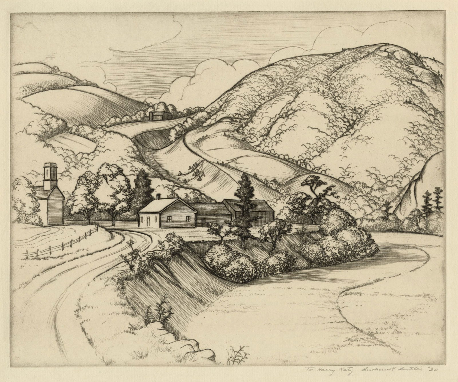 Andrew R. BUTLER: "Farm in Bristol, Vermont".: Andrew R. BUTLER (American, 1896-1979): "Farm in Bristol, Vermont". Etching on laid paper with scrolly "Hand Made" watermark, 1930. No known edition. Signed, dated, and dedicated in pencil. Plate size