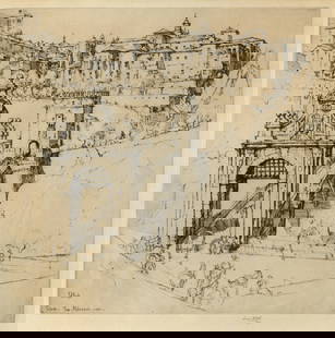 Ernest David ROTH: "Toledo - The Approach".: Ernest David ROTH (American, 1879-1964): "Toledo - The Approach". Etching on wove paper with "Japan" watermark, 1921. Reference: Eric Denker, "Two for the Road", p. 105. Signed and dated in pencil.