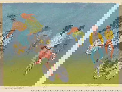 Harry GOTTLIEB: "Bicycle Riders".: Harry GOTTLIEB (Romanian American, 1895-1992): "Bicycle Riders". Color screen print on laid paper, 1958. Edition of 48. Titled, numbered, and signed in pencil. Image size: 12 7/8 x 17 7/8 inches.