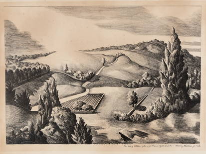 Henry BILLINGS: "Landscape with Rolling Hills".: Henry BILLINGS (American, 1901-1985): "Landscape with Rolling Hills". Lithograph on wove paper, 1927. Signed, dated, and inscribed in the stone "To my little playfellow Gillman" in the lower right.
