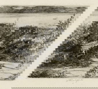 John WINKLER: "Cottages on a Hill".: John WINKLER (American, 1890-1979): "Cottages on a Hill". Etching on laid paper, 1920. Signed in pencil. Plate size: 4 x 4 3/4 inches.