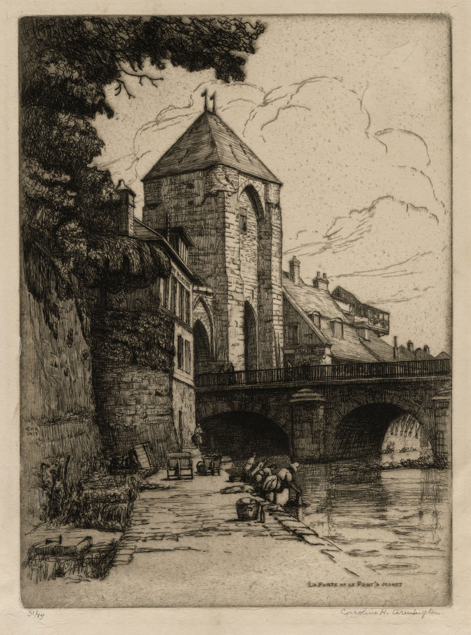 Caroline ARMINGTON: "La Porte et le Pont a Moret".: Caroline ARMINGTON (Canadian, 1875-1939): "La Porte et le Pont a Moret". Etching on wove Japan paper. Edition of 75. Signed and numbered in pencil. Plate size: 11 1/2 x 8 1/2 inches. Sheet size: 14 1/