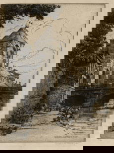 Caroline ARMINGTON: "La Porte et le Pont a Moret".: Caroline ARMINGTON (Canadian, 1875-1939): "La Porte et le Pont a Moret". Etching on wove Japan paper. Edition of 75. Signed and numbered in pencil. Plate size: 11 1/2 x 8 1/2 inches. Sheet size: 14