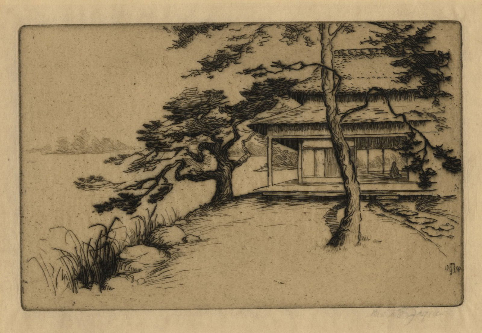 Bertha E. JAQUES: "Pines and a Traditional Japanese, ...". (1 of 2)
